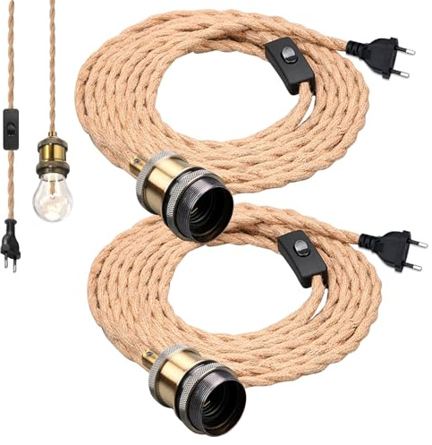 Lámpara De Cuerda De Cáñamo,2 Piezas 4,5 m E27 Lámpara Colgante Enchufable,Lámpara Colgante De Cuerda De Cáñamo,Seil HäNgelampe Para Lámpara Vintage Para Industria,Bar,Balcón,Casa De Campo,Loft