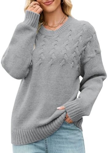 Quatrefox Thick Sweater Women Fall Winter Warm Jumpers Sweaters Long Sleeve Pullover Loose Chunky Knit Jumper Ladies Crew Neck Knitted Cable Tops Blouse Casual Knitwear (Grey, M)