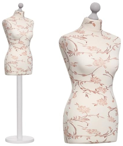 DummyDoll Schneiderpuppe weiblich Größe 36/38, Überzug Creme braune Blumen, Fuß Holzteller + Holzknauf weiß