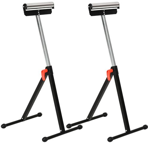 HOMCOM Set of 2 Folding Roller Stand, Material Support Pedestal with Ball Bearing Roller Height Adjustable Portable, Metal Construction, Black