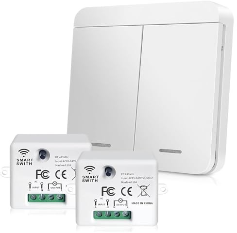 GOEDCH Lot de 2 interrupteurs sans fil blancs: interrupteurs d'éclairage sans fil, télécommande, ensemble d'interrupteurs sans fil, interrupteurs sans fil, pour maison intelligente et contrôle des