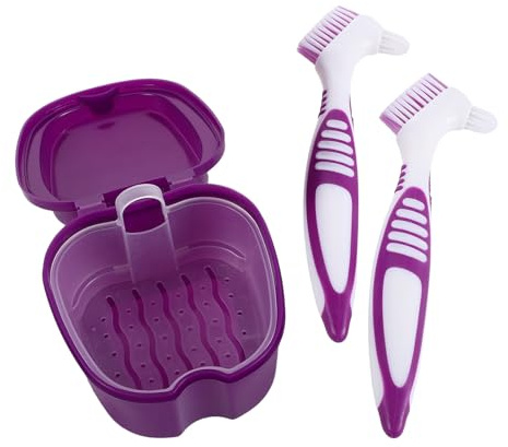 BIUDECO Protesi Dentarie Portatile con Custodia Anti-perdita e Spazzolino Doppia Azione Kit Pulizia Dentiera Viaggio con Contenitore Sicuro per Soluzioni Detergenti Scuro