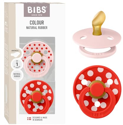 BIBS Polka Dots Schnuller 2er-Pack, BPA-frei, Kiefergerechte Form. Naturkautschuk/Latex, Hergestellt in Dänemark, Größe 1 (0-6 Monate), Blossom/Candy Apple