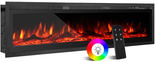 Elektrokamin Freistehend, An der Wand montiert, Eingebaut, 9-farbig Flammeneffekt, Fernbedienung 900W-1800W, elektrische Heizung mit Kristall, 152.4 cm