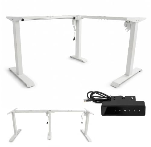 POKAR Estructura para Escritorio Elevable en L Eléctrica | Ángulo Regulable de 0 a 90°, Altura 70 a 118 cm | Panel de Memoria con USB-C y USB-A | Base para Mesa Elevable Sentado y de Pie | Blanco