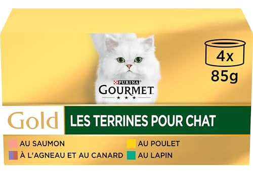 Gourmet | Gold | Les Terrines | Aliment Complet pour Chat Adulte | Au Saumon, A l'Agneau, Au Canard, Au Poulet, Au Lapin | Boîtes | Lot de 24 (4 x 85g)