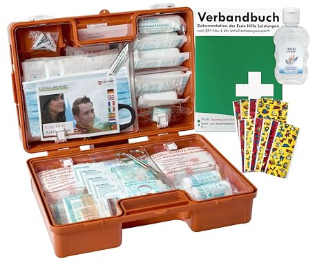 Erste-Hilfe-Koffer KITA nach aktueller DIN 13157 für Betriebe inkl. Hygiene-Gel + kindgerechter Pflaster + Verbandbuch -DSGVO-konform- K15