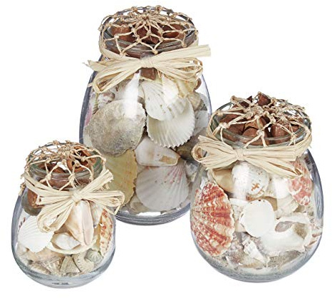 Relaxdays Muschel Deko, 3er Set, echter Muschel-Mix, verschieden große Gläser, maritim, Badezimmer Dekoration, natur, Transparent, Creme | verschieden große Gläser, maritim, Badezimmer Dekoration
