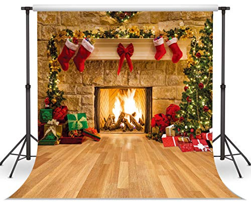 LYWYGG 10x10FT Weihnachten Kamin Hintergrund Mit Weihnachtsbäumen Für Abendessen, Familie, Party Dekorationen, Eve Kamin Fotografie CP-282-1010