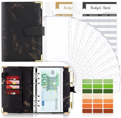 Budget Planner Budget Binder A6, Budgetplaner Geld Organizer mit Weiche PVC Tasche, TAOPE Leder Binder Notizbuch A6 Cash Stuffing, 6 Löcher Budget Planner, Haushaltsbuch mit Geldfächer Marmor Schwarz