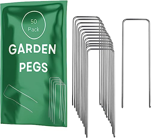 Weed Membrane Garden Pegs - 50 Pack 4 Inch Galvanized Metal Pegs for Rustproof Garden Membrane