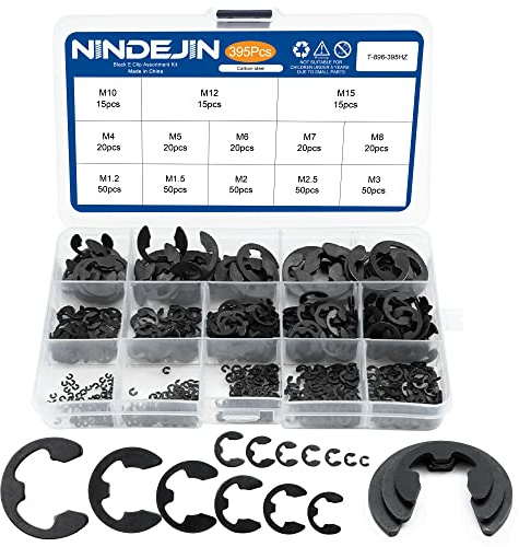 NINDEJIN 395PCS Retaining Rings E-Clip Assortment Set, 13 Sizes, Carbon Steel External Snap Ring, E-Clips Retainer Circlip Rings for Projects - Gears Pulleys Axles Shafts and Other Moving Parts | Carbon Steel External Snap Ring Kit,for Gears Pulleys Axles Shafts, Easy to Install and Remove, Exhibits Excellent Durability