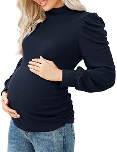 KOJOOIN Damen Umstandsshirt Langarm Umstandsbluse Rollkragen Umstandsmode mit Seite Geraffen Dunkelblau L