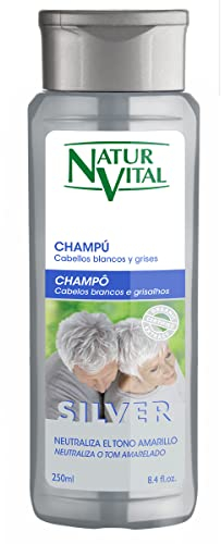 NaturVital - Champú Silver, Sin Parabenos, Natural, Cabellos Blancos y Grises, Neutralizador y Matizador de Pelo Rubio, Pigmento Azul, para Hombres y Mujeres, 250ml