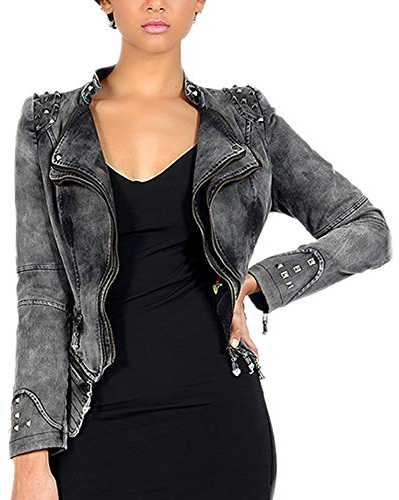 DISSA Damen Grau Nieten Jeansjacker Bikerjacke mit Reißverschluss,PA01,S