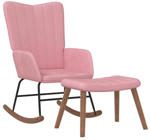 vidaXL Schaukelstuhl mit Hocker, Schwingstuhl mit Armlehne, Schaukelsessel mit Holzkufen Stahlgestell, Relaxsessel Schwingsessel Wohnzimmer, Samt Rosa