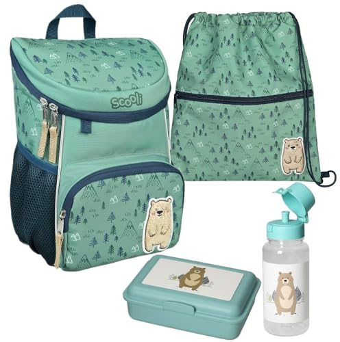 Familando Scooli Mini-Me Kindergarten Rucksack für Jungen und Mädchen | 4-TLG. Set mit Brotdose und Trinkflasche | Ergonomischer Vorschulrucksack für die Kita | Bobby Bär Blau