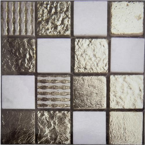 sourcing map 60Pcs 3D Wall Stickers, 10 x 10cm Square Mosaic Tile Wallpaper Self-Adhesive PVC Waterproof for Kitchen Bathroom Wall DIY Crafts Black Gold