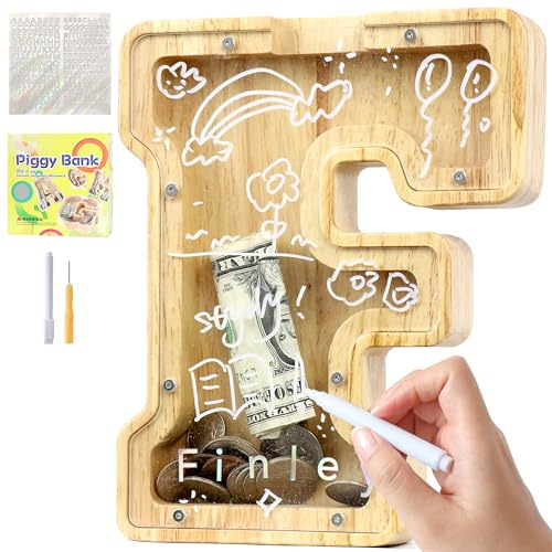Lakpopya Tirelire Enfant Fille Garcon Tirelire en Bois de Lettres A à Z Tirelire Personnalisée Original Tirelire Billet Transparente, avec Autocollant Marqueur Tournevis, pour Cadeau (F)