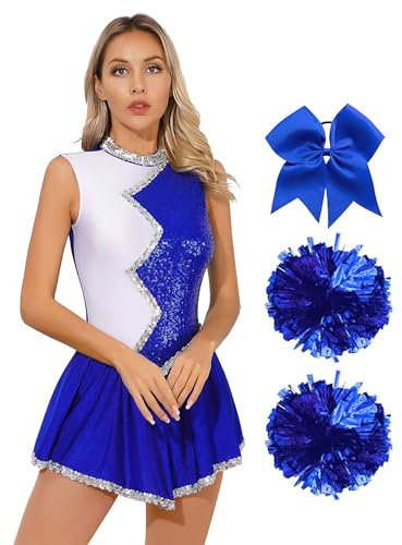 iiniim Damen Cheer Leader Cheerleading Kostüm Glitzer Kleid mit Pompoms Haarband Schulmädchen Uniform Halloween Karneval Fasching Blau XL