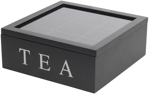 Teebox aus Holz, Teekasten in der Farbe Schwarz, Teekiste mit 9 Fächern, große Teebeutelbox
