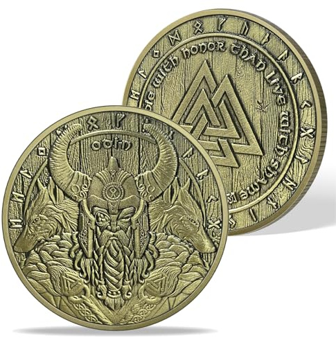 AtSKnSK Odin Münze Wikinger Valknut Münze Wikinger Odin Knoten Herausforderung Münze Geschenk Wikinger Wolf Chip Medaillon Nordische Mythologie Amulett für Männer (Odin Coin)