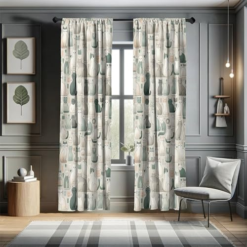 ABAKUHAUS Gatti Tenda a Pannello Set di 2, Mondo di gattino cartone animato moderno, Trattamento della Finestra per Stanza e Camera da Letto, 2 Stück 75 cm x 245 cm, Cadetto Blu Grigio Chiaro Teal