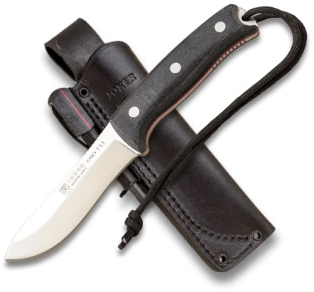 Joker Cuchillo de Supervivencia OSO TS1 CM140-P, mango Jute micarta negro, hoja de 11 cm, funda piel color negro, Herramienta de pesca, caza, camping y senderismo
