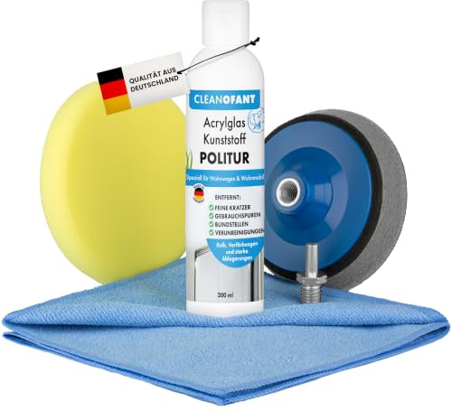 CLEANOFANT Acrylglas Kunststoff POLITUR Set für Akkuschrauber | Mit 200 ml Polierpaste, Adapter, Polierteller, Polierpad & Poliertuch - Zum Polieren von Kunststoff-Fenster von Wohnwagen