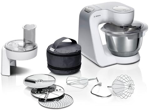 Bosch Küchenmaschine Serie 4, Edelstahl-Schüssel 3,9 L, Patisserie-Set Edelstahl, Knethaken, Schlagbesen, Rührbesen, Durchlaufschnitzler, 3 Scheiben, 1000 W, weiß/silber, MUM58210
