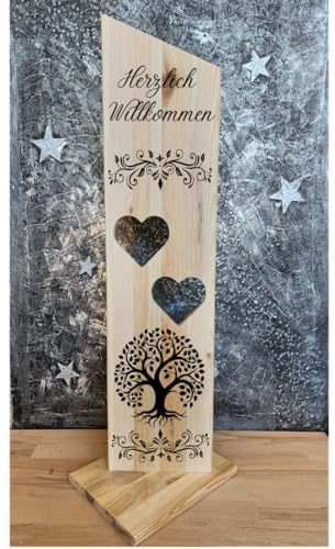 Designbysh Holzaufsteller, Holz Deko Schild Holzschild Eingangsschild 2 Herzen Lebensbaum, Geschenk, Weihnachten, Geburtstag