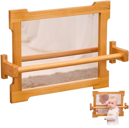 ODOXIA Espejo Montessori Bebé con Barra | Montessori Espejo para Gatear y Ponerse de Pie | Espejo Montessori Bebé para Desarrollo Motor | con Barra de Madera | para Aula y Cuarto de Juegos