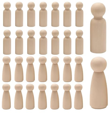 30 Stück Holzfiguren zum Bemalen, DIY Natur Kleine Holzfiguren Puppen Leere Holzkegel und Basteln Tortenfigur Figurenkegel, Unvollendete Holz Familie Figuren für Geburtstag Dekoration Bemalen