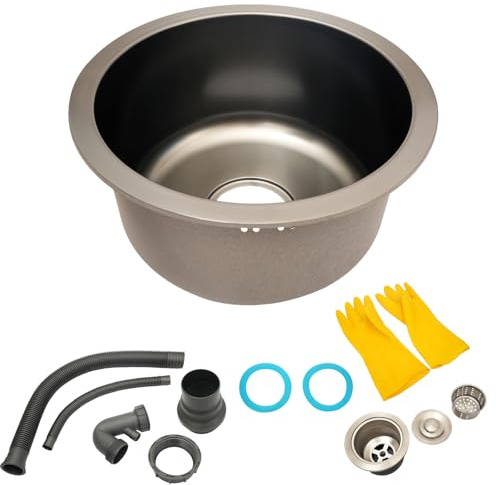 Lavello rotondo da incasso in acciaio inox, 36 x 15 cm, con sistema di filtraggio, sistema fognario e 1 paio di guanti, piccolo lavandino per cucine, bagni, monolocali, caffetterie, occidentali