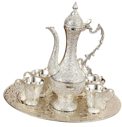 F Fityle Set di caffè turco set di bevande per bevande vino con set di servizi di tè vassoio per vassoio multiuso per barrette per il tea party per matrimoni, Argento