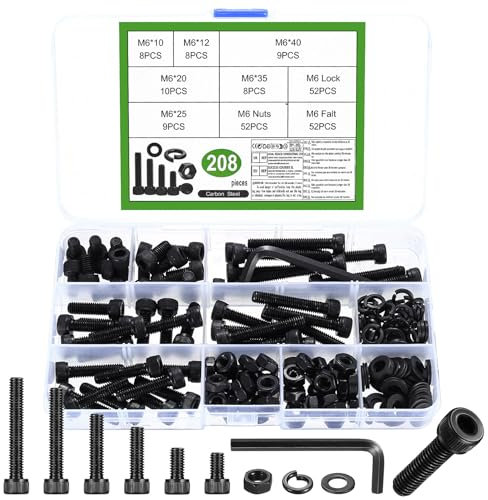 208 Stück M6 Schrauben Set, Zylinderkopfschrauben Muttern Sets, Schwarz Sechskantschrauben Set und Unterlegscheiben, Innensechskant Schrauben mit Muttern, Maschinenschrauben Sortiment (208 M6)