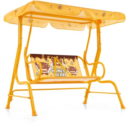 COSTWAY Kids Swing Chair with Adjustable Canopy and Safety Belts, 2 Seat Garden Toddler Swing Bench for Patio Porch Yard (Orange)