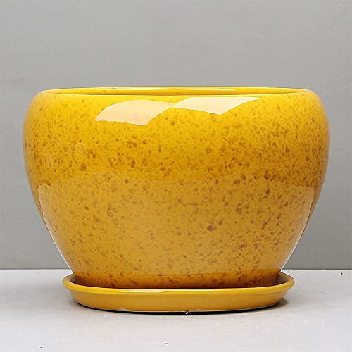 LAUMZX Large Yellow Ceramic Plant Pot With Drainage Hole And Saucer, Indoor/Outdoor Glazed Flower Planter With Speckled Finish For Houseplants, Succulents, And Patio Decor