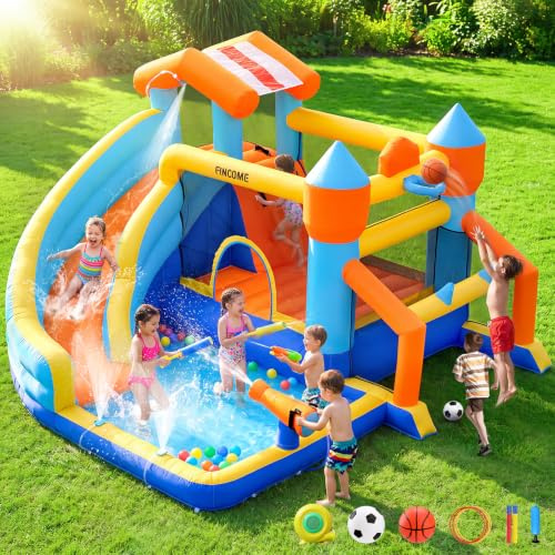 FINCOME Bounce House, Inflatable Bounce House with Water Slide for Kids Indoor & Outdoor, Bouncy Castle with Football Frame, Water Cannon, Basketball Hoop & Ring Toss, Water Slides for Kids Backyard