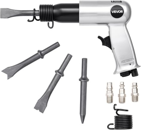 VEVOR Martillo Neumático de 3500 BPM Carrera de 70 mm con 4 Cinceles de Barril Largo de 170 mm Vástago Redondo Martillo de Cincel de Aire Herramienta de Pala Neumática para Cortar, Raspar, Demoler