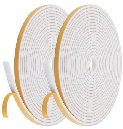 UZEXYO Draught Excluder Self Adhesive Foam Tape Weather Stripping for Window and Door Gap Seal Insulation Soundproofing Strip 2 Rolls 12M Total 6mm x 3mm White