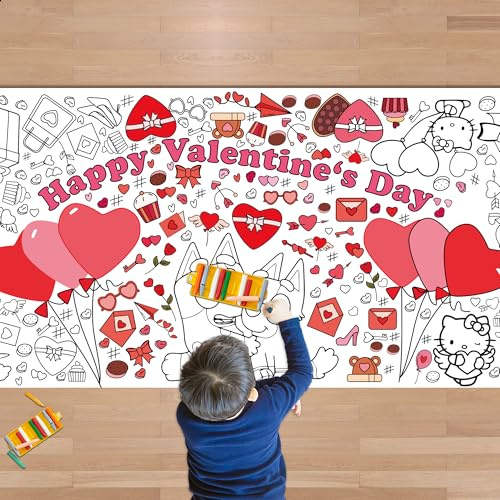 JXSDWANG Valentines Giant Coloring Tablecloth,Valentines Day Crafts for Kids - 72x30 Inches, Paper Coloring Banner Games Activities Gifts Party Decorations
