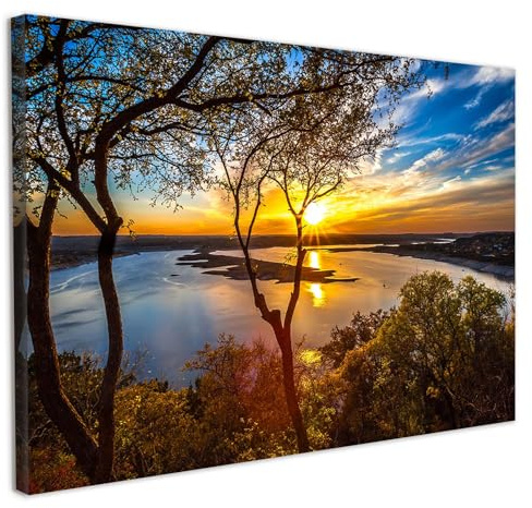 Galmcook Framed Canvas Wall Art 12x16 Inch Sunset Lake View Nature Landscape Artwork Wall Canvas Pictures for Living Room Bedroom Hallway Decoration Prints with Hooks Magic Tape and Nails