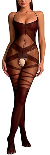 ROSVAY Women Sexy Bodystocking Sheer Fishnet Bodysuit Nightwear Full Body Hold-up Stockings with Criss Cross Stripe Naughty Lingerie Underwear Hot Black (Black-B, One Size)