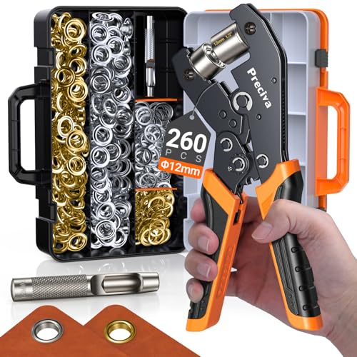 Preciva Alicates De Ojales Con 260 Pezzi Oro+Plata Ojales (ø Interno 12mm),Ojales Para Lonas,Set De Ojales Para Lonas,Para Lonas Tejidos Velas Solares CartóN Cuero y Pvc