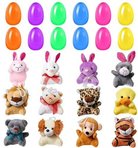 Meriviva Filled Easter Eggs with Animal Plush Toys, 12 Pcs Cute Animal Plush Toys Prefilled Easter Eggs for Easter Egg Hunt Basket Stuffer Filler Party Favors