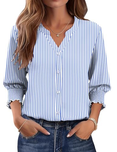 Rapbin Women Shirt UK 3/4 Sleeve Blouses Clothes Button Down Tops Shirts | Women Shirt UK 3/4 Sleeve V Neck Blouses Clothes Summer Button Down Tunic Tops Work Office T Shirts Clothing