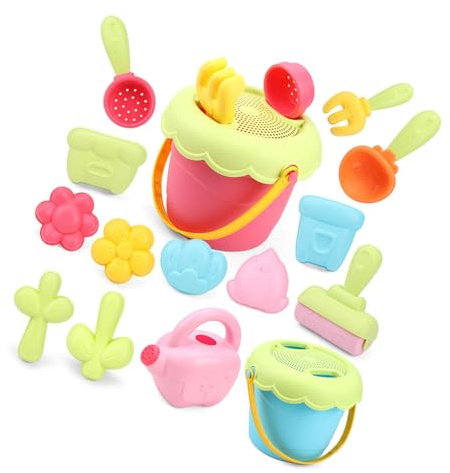 Oxxggkao Buntes Sandeimer Strandspielzeug Spielset mit Schaufelsieb und Blumenform für Kinder Freien, Gartenspielspielzeug