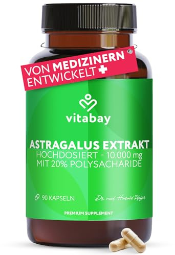 Vitabay Astragalus Kapseln Hochdosiert 10.000mg - 90 Vegane Kapseln | Astragalus Extrakt aus der Wurzel - Tragantwurzel Membranaceus mit 20% Polysaccharide - Laborgeprüft