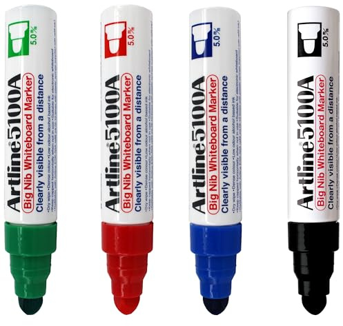 Artline 5100A Big Nib Magnum Whiteboard Dry Erase Markers, Extra Thick 5.0mm Bullet Tip, Readable from a Great Distance, Low Odor Colored Markers for School, Black, Red, Blue, Green, 4-Pack